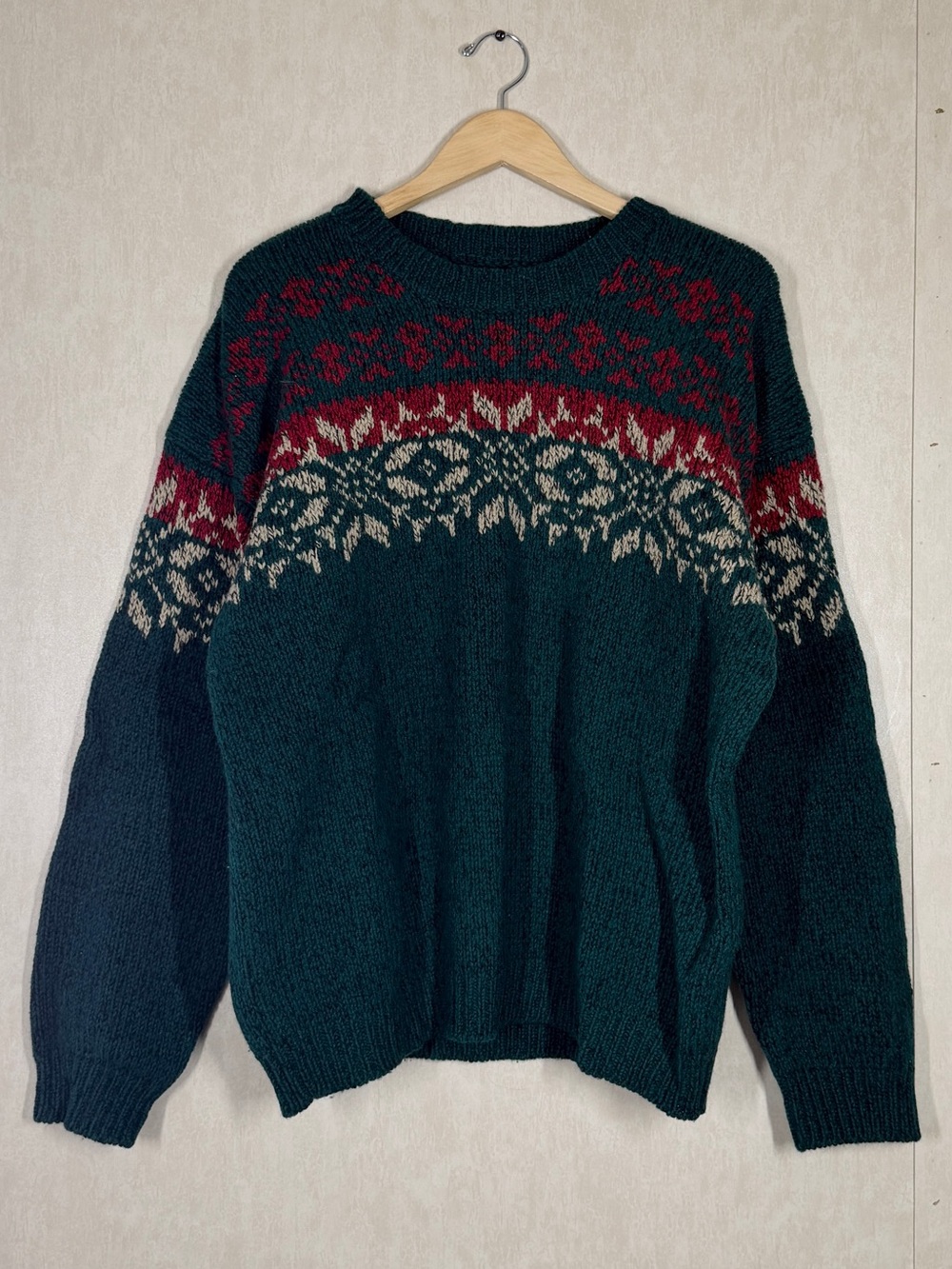 Eddie Bauer Men’s Vintage 100% Wool Knit Sweater Fair Isle Nordic in Green